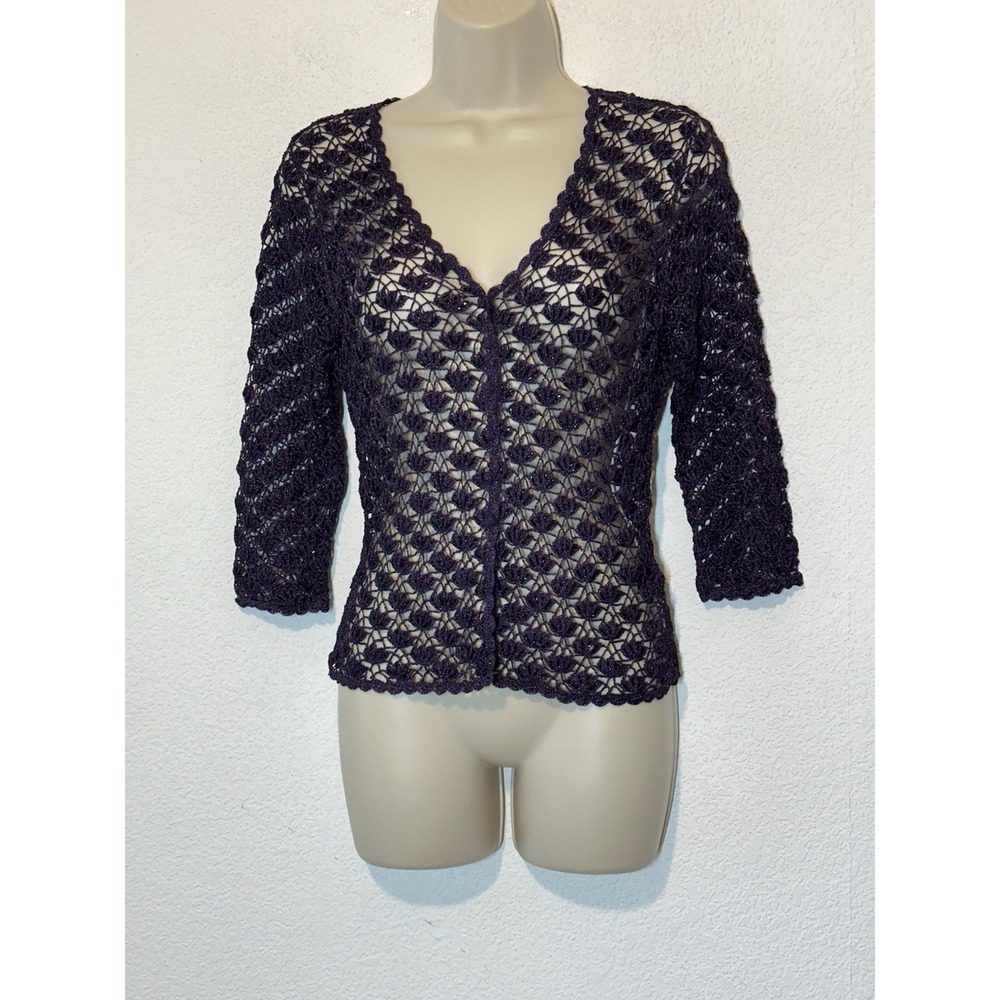 Vtg 90 Y2K Carmen Marc Valvo Purple Metallic Open Crochet Top S Coquette